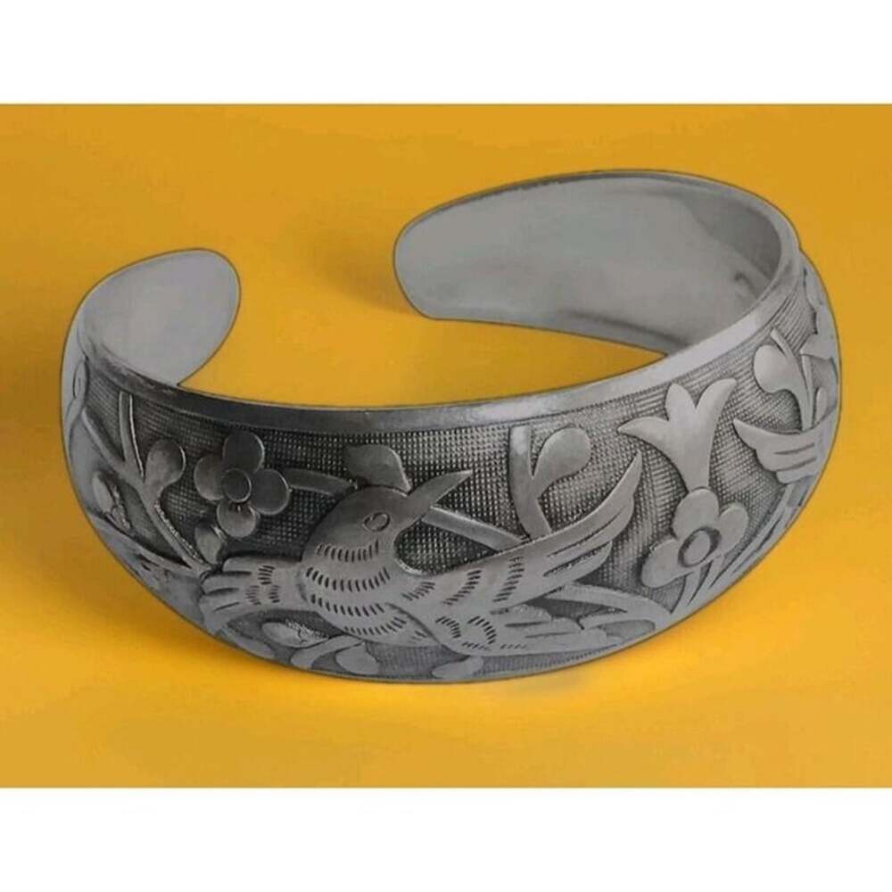 Ethnic Chinese Sterling silver Cuff Bracelet Birds & Flowers
